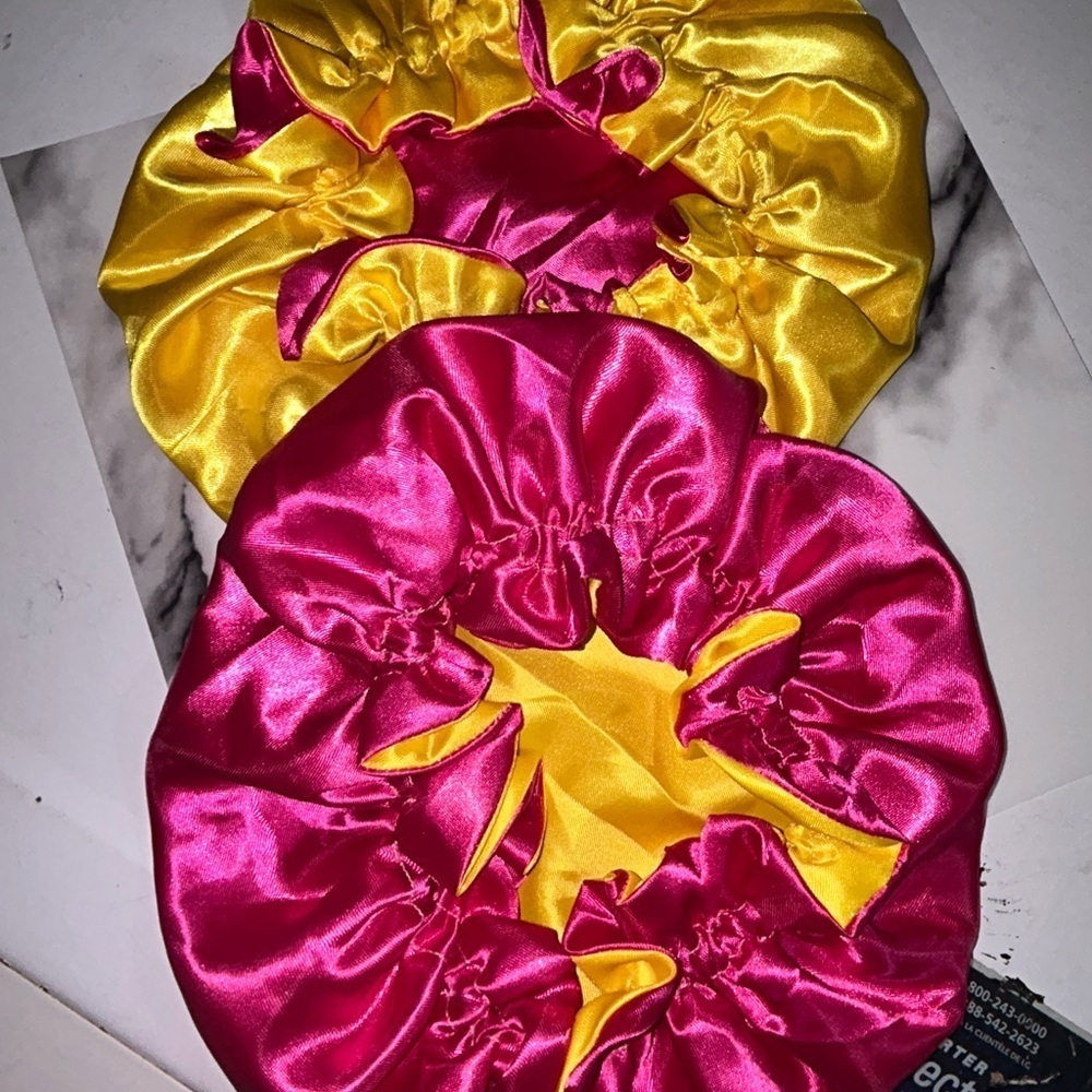 Pink and Yellow kid Satin Hair Bonnets. 21 inch circumference